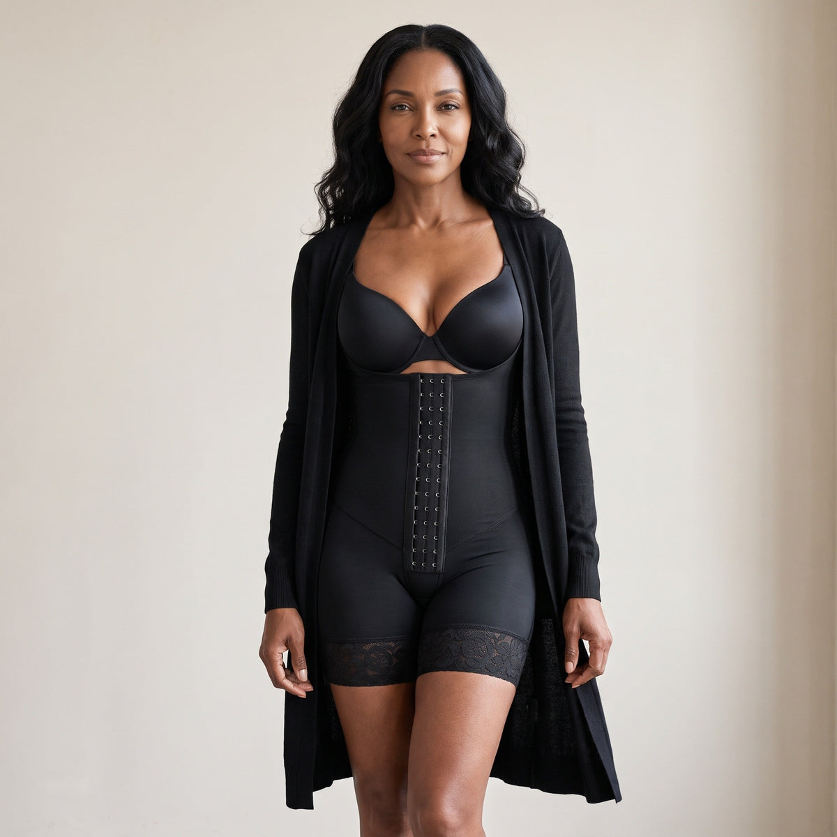 Hook-front shaping bodysuit in onyx with a long onyx cardigan