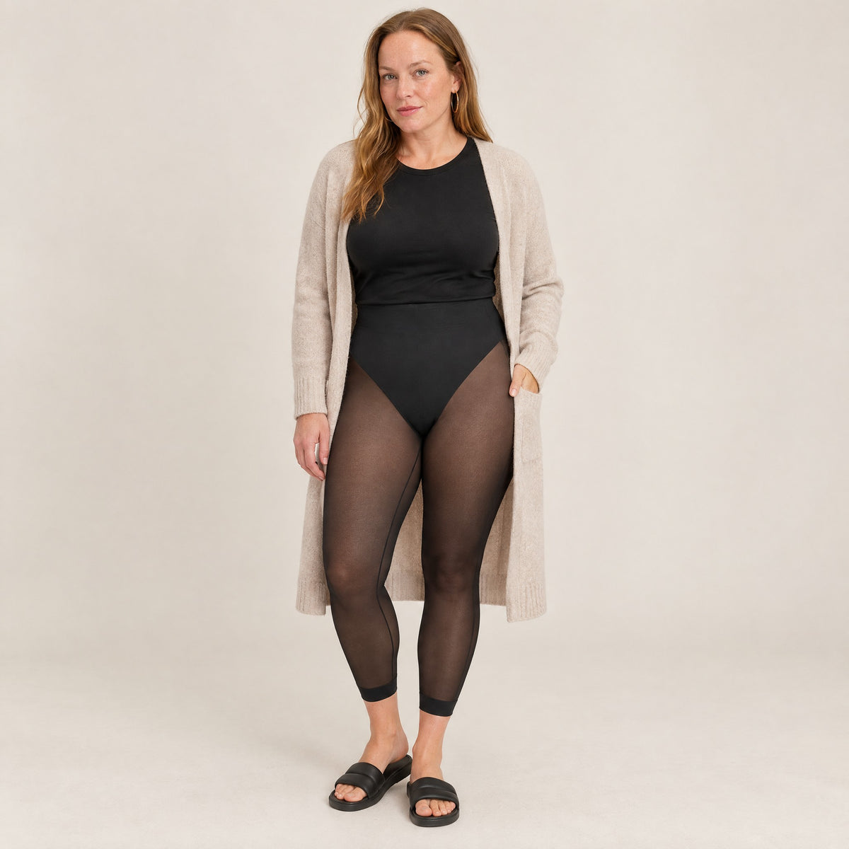Sheer-leg shaping legging in onyx with an oat cardigan