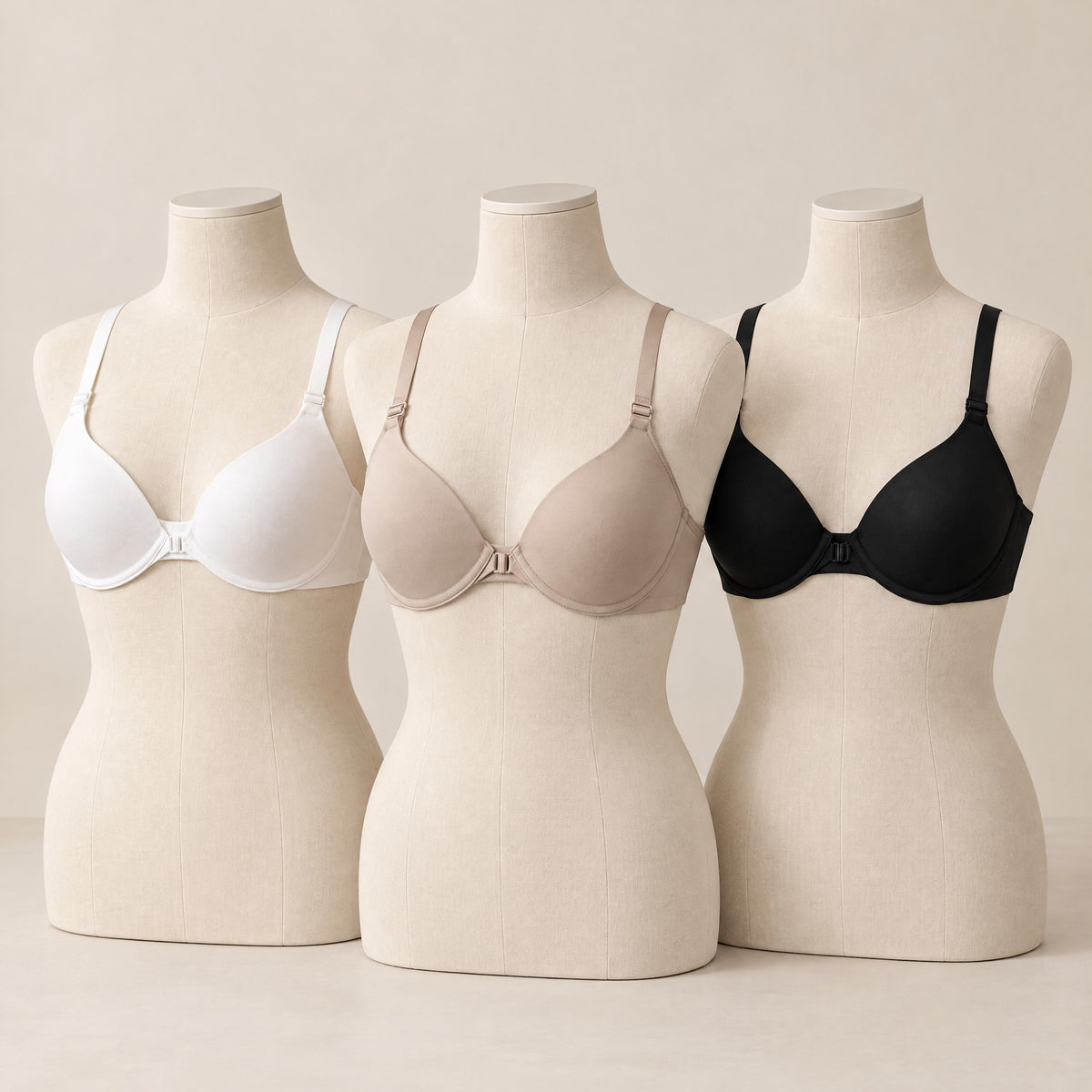 Front-close T-shirt bra in white, sand and onyx