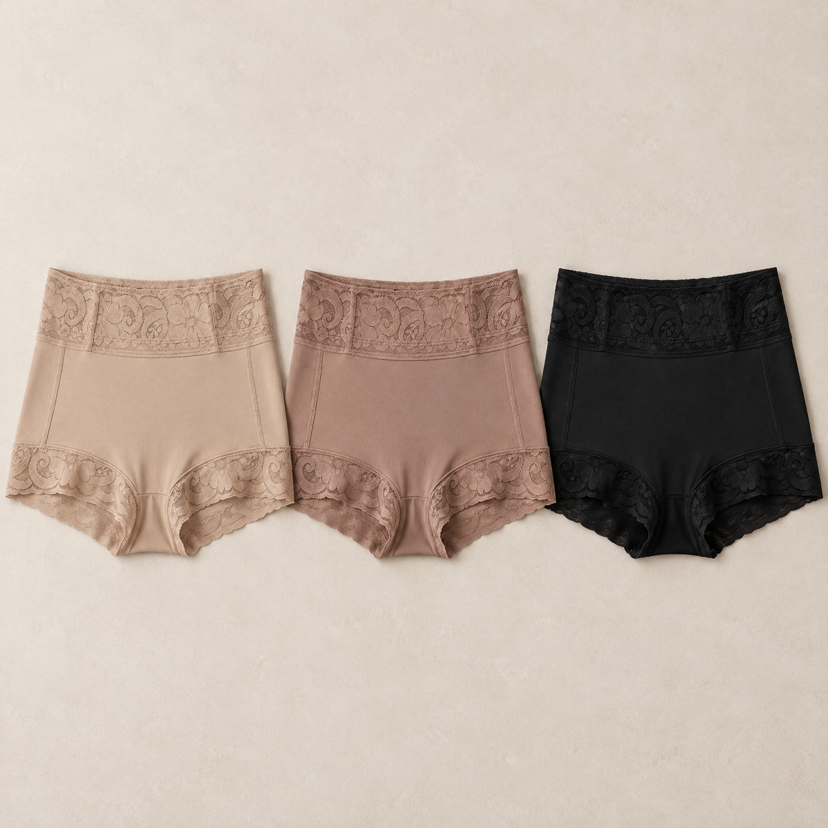 High-waist lace boxers in sand, mocha and onyx