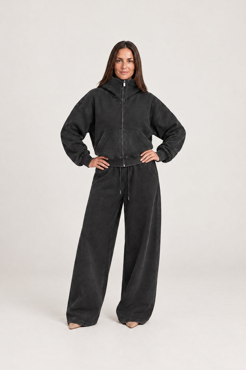High-Neck Zip Hoodie in Washed Black with the matching sweatpants, front