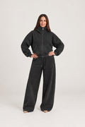 High-Neck Zip Hoodie in Washed Black with the matching sweatpants, front