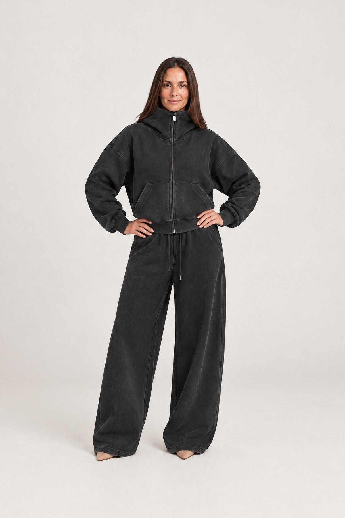High-Neck Zip Hoodie in Washed Black with the matching sweatpants, front