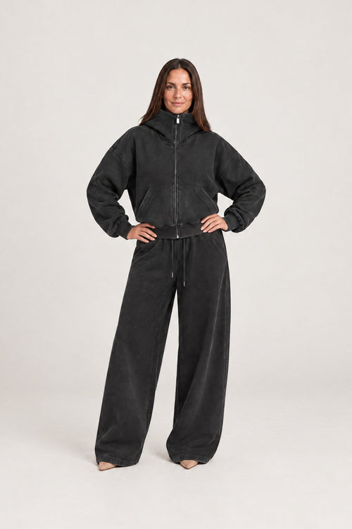 High-Neck Zip Hoodie in Washed Black with the matching sweatpants, front
