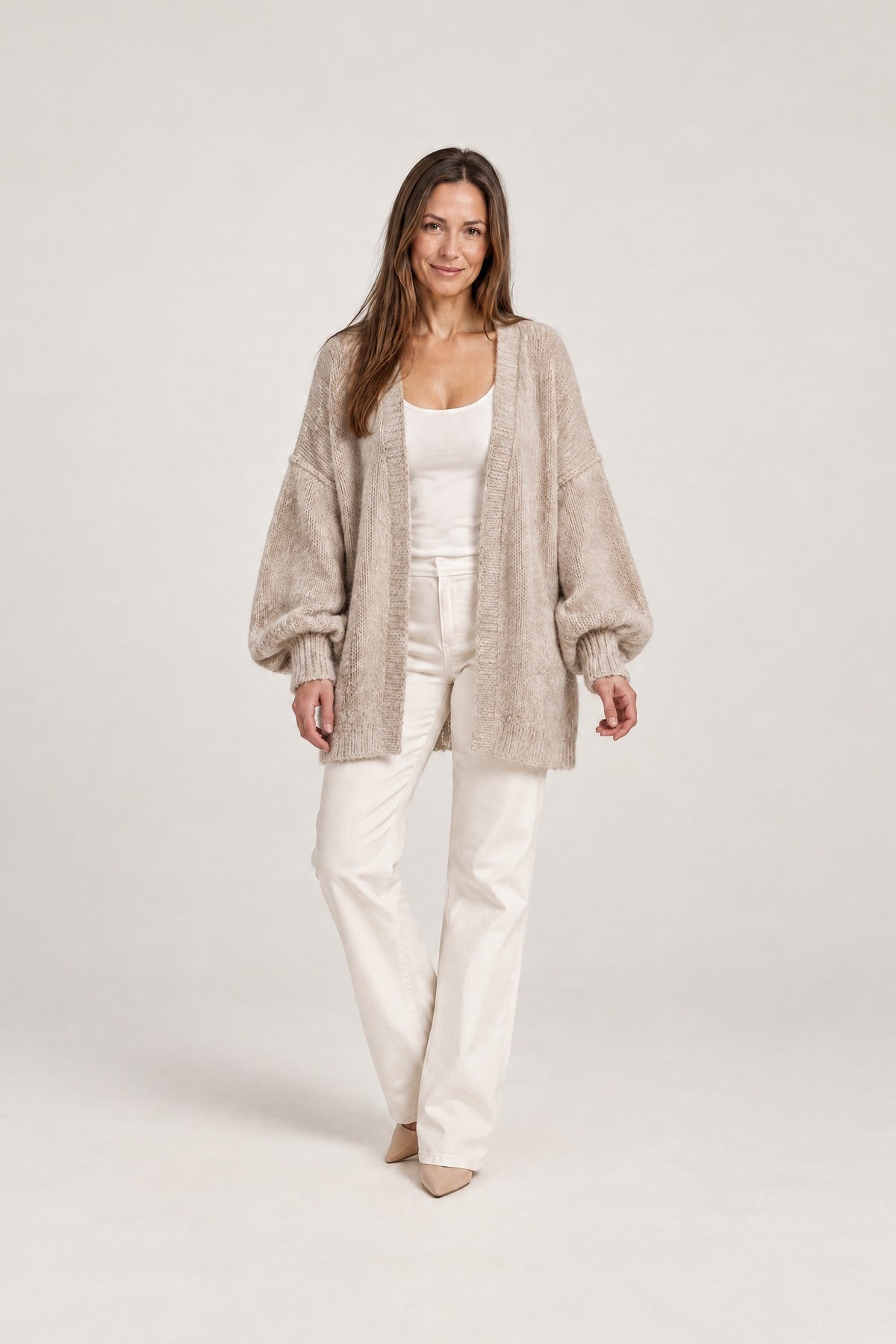 Lantern-Sleeve Cardigan in Khaki, front