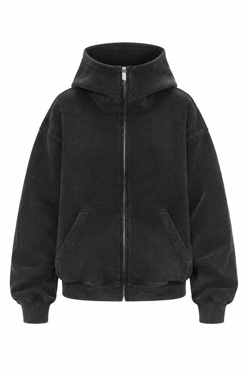 High-Neck Zip Hoodie in Washed Black, laid out on white