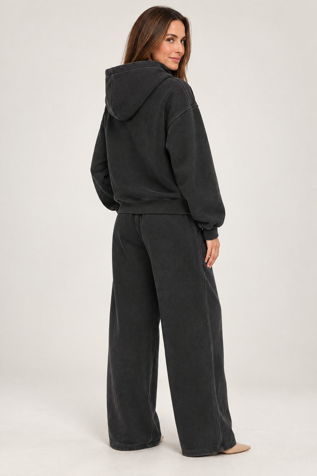 High-Neck Zip Hoodie in Washed Black, back