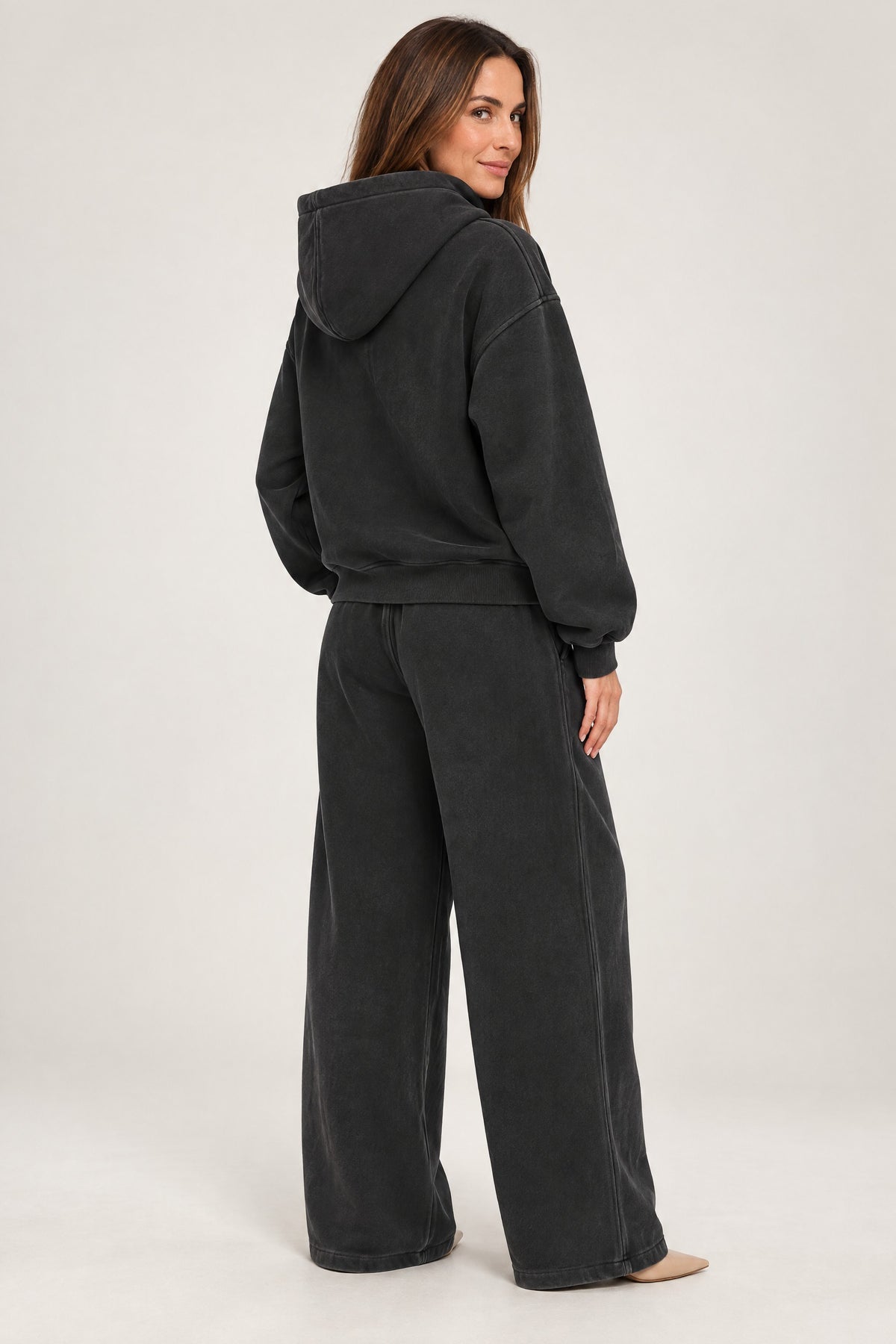 High-Neck Zip Hoodie in Washed Black, back