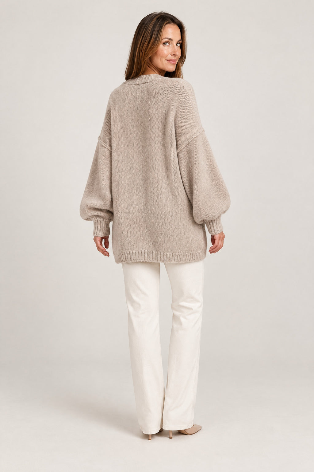 Lantern-Sleeve Cardigan in Khaki, back