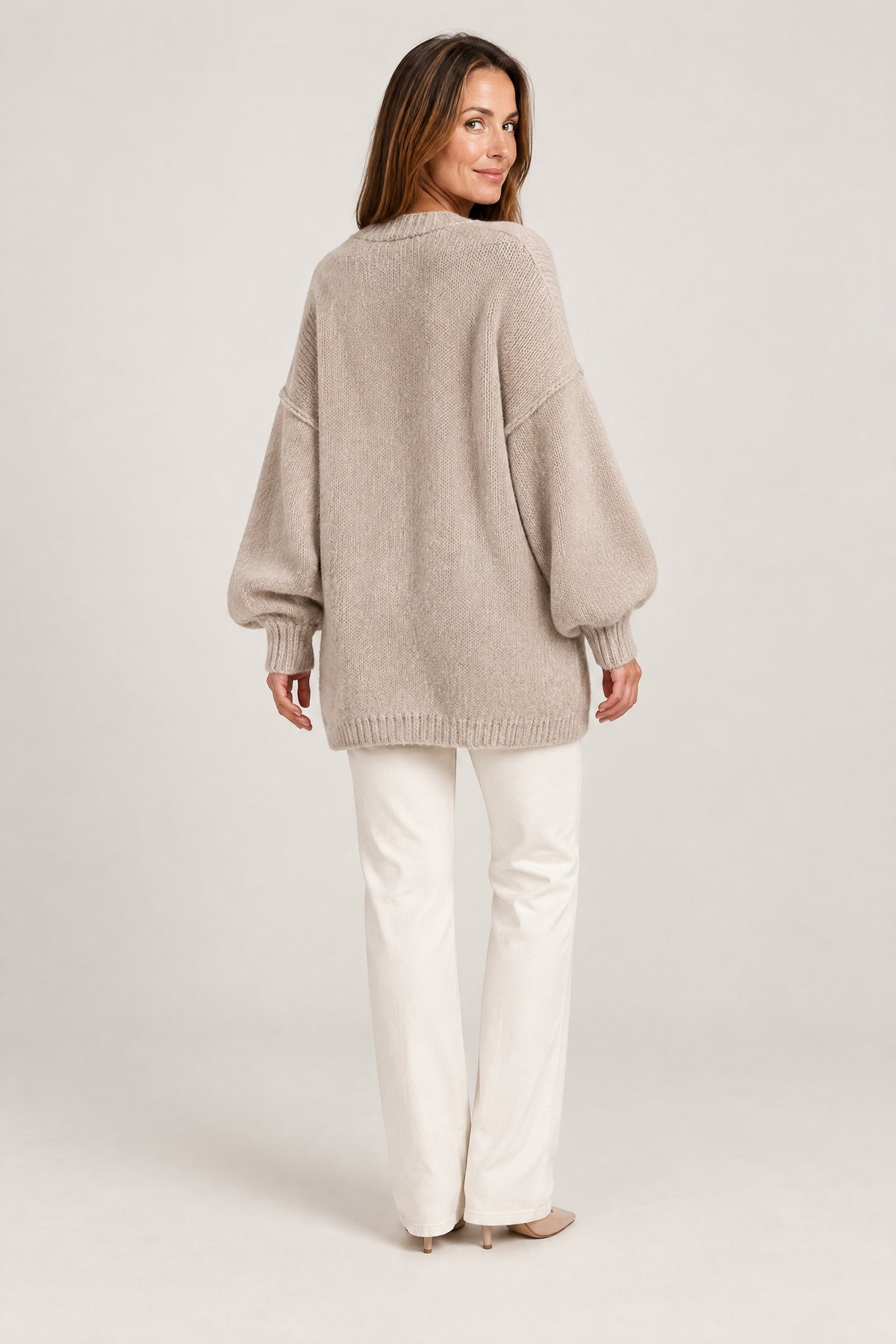 Lantern-Sleeve Cardigan in Khaki, back
