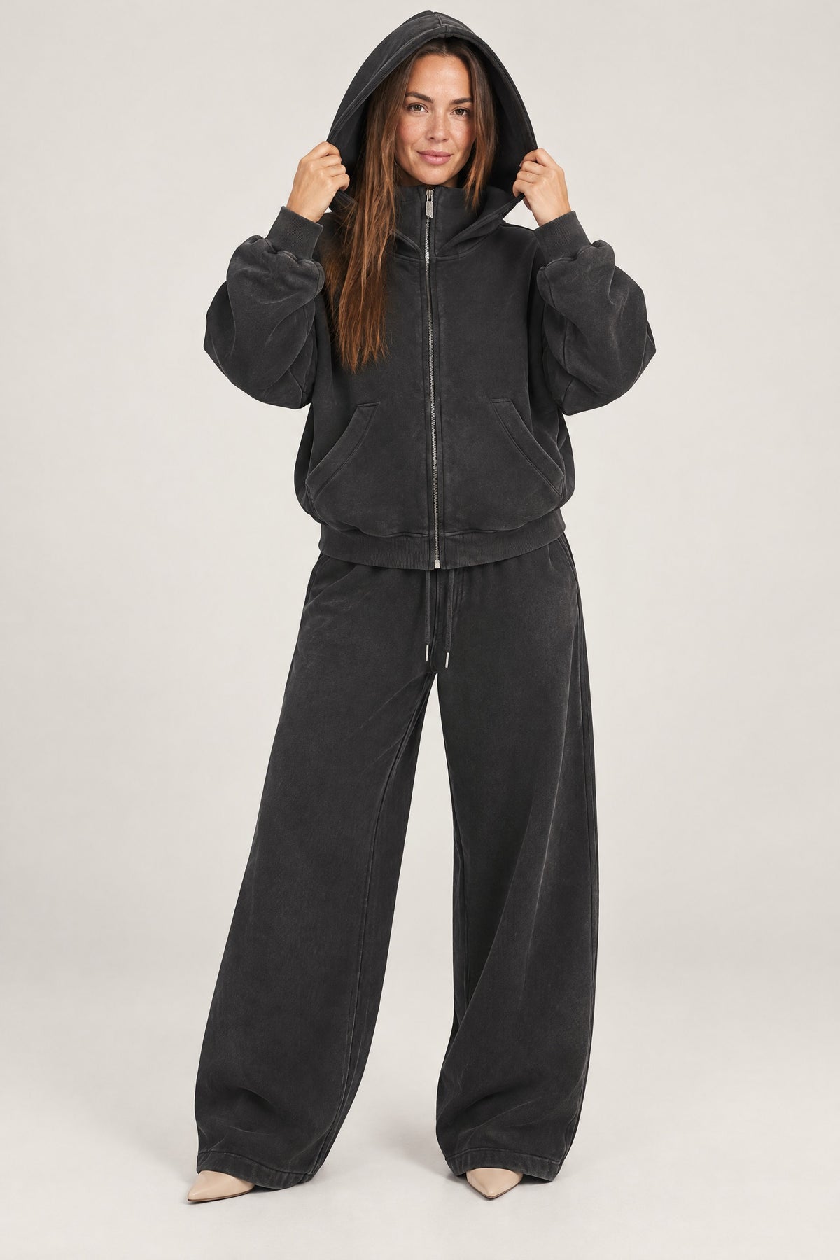 High-Neck Zip Hoodie in Washed Black with the hood up