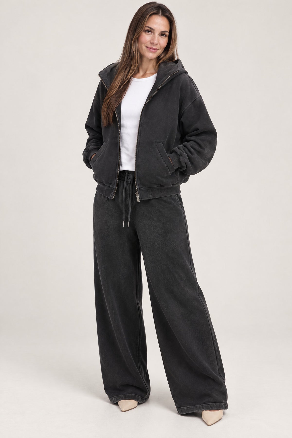 High-Neck Zip Hoodie in Washed Black, unzipped over a white T-shirt