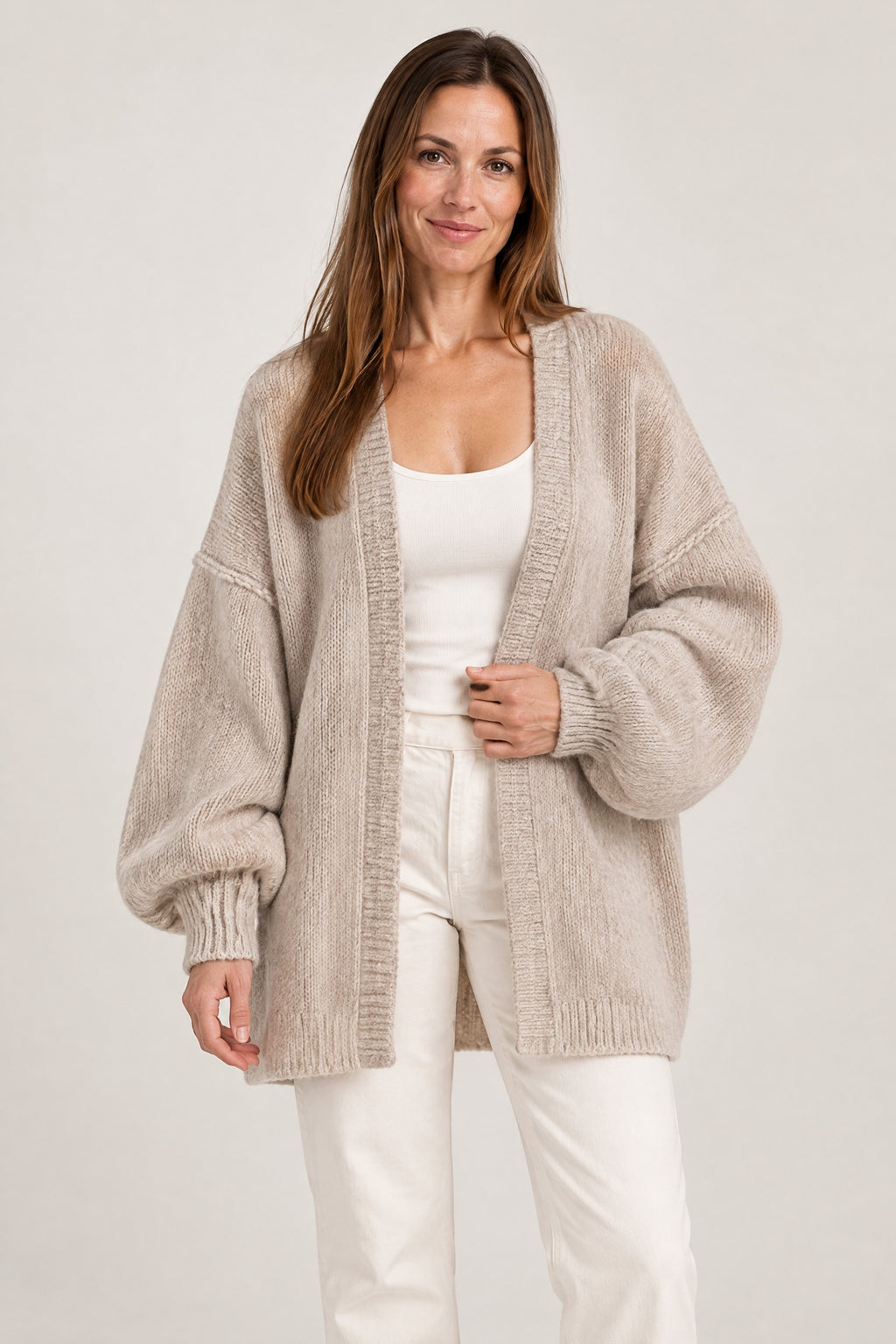 Lantern-Sleeve Cardigan in Khaki, closer front