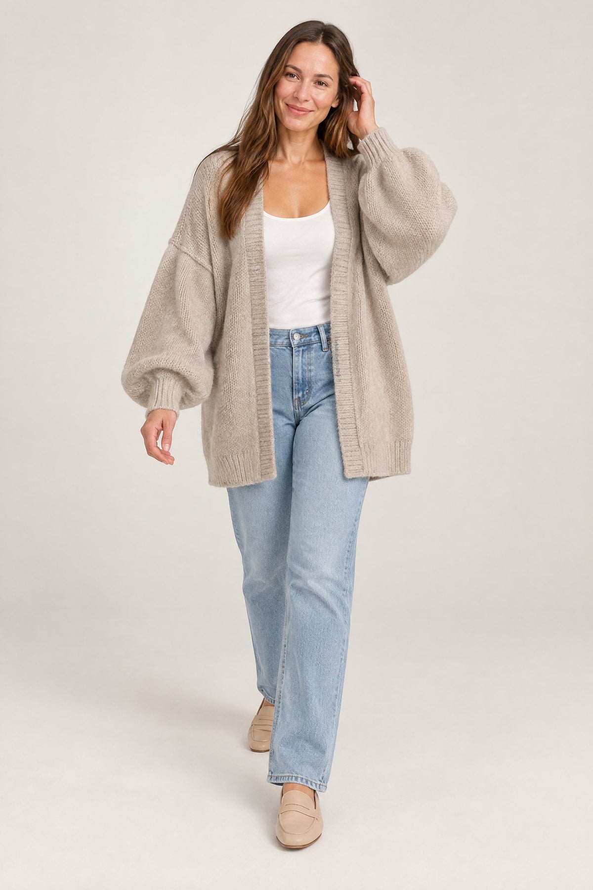 Lantern-Sleeve Cardigan in Khaki, worn with jeans