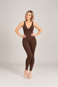 Deep-V Ribbed Jumpsuit in Brown, front