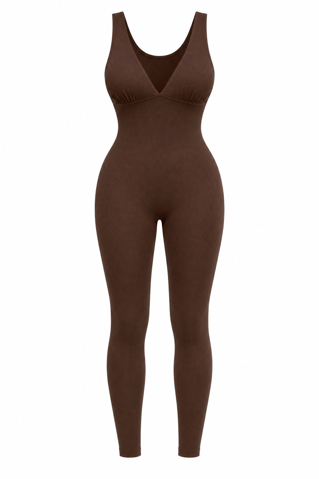 Deep-V Ribbed Jumpsuit in Brown, laid flat