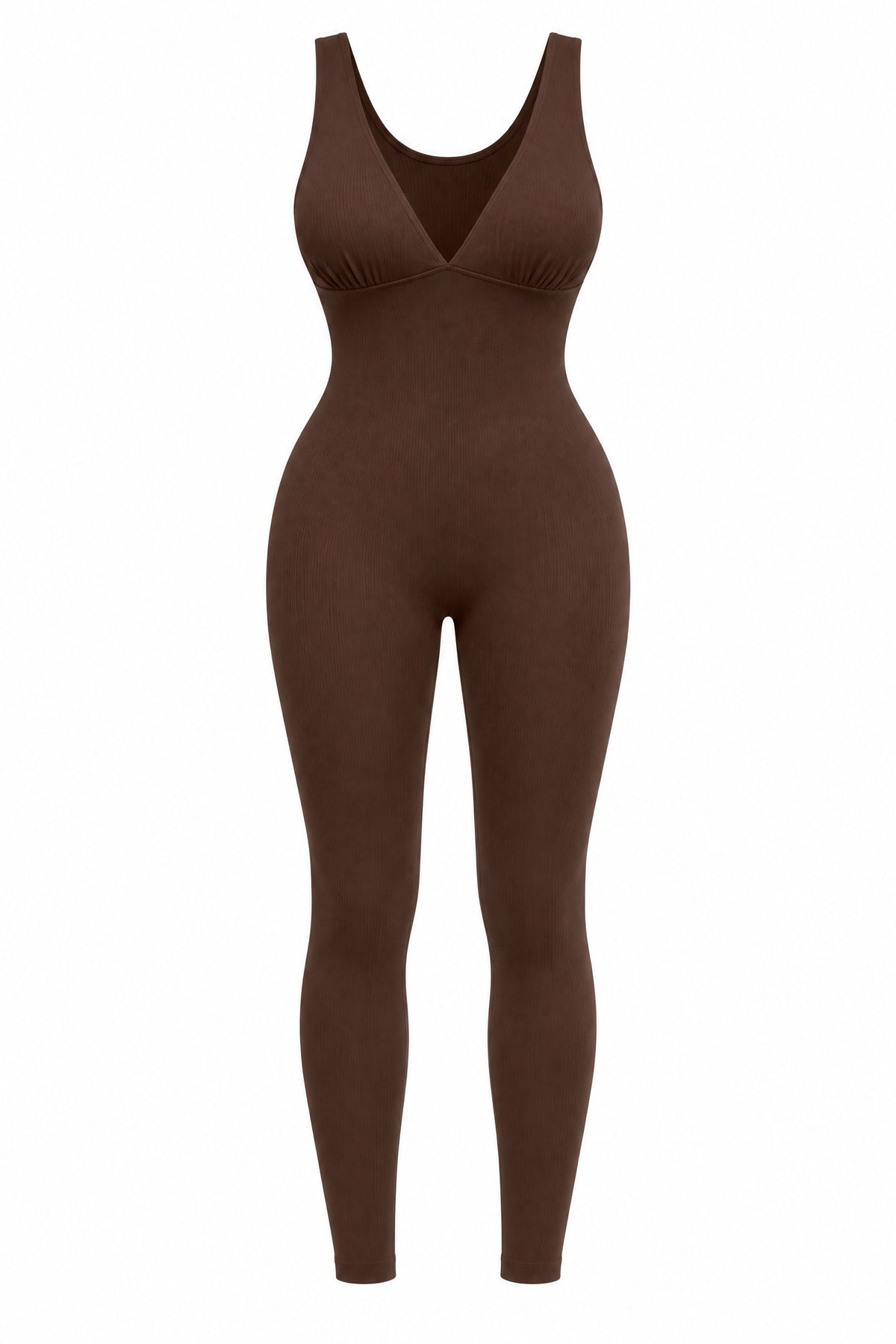 Deep-V Ribbed Jumpsuit in Brown, laid flat