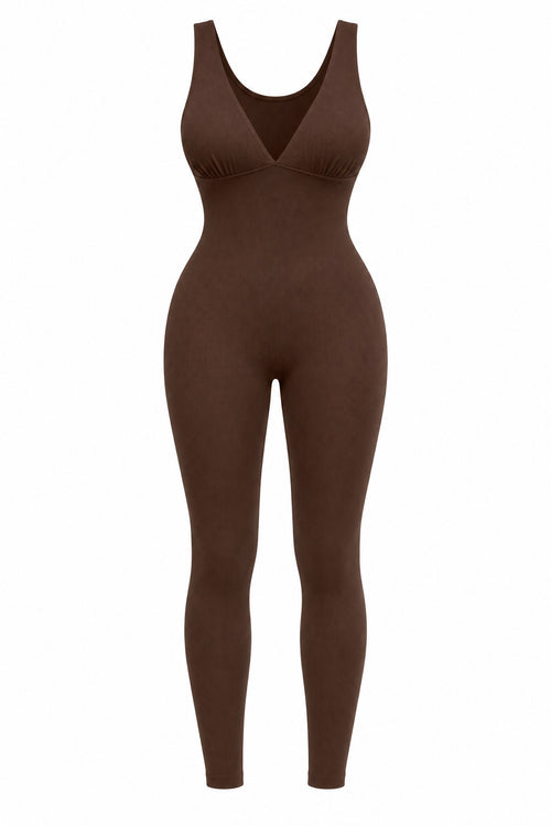 Deep-V Ribbed Jumpsuit in Brown, laid flat