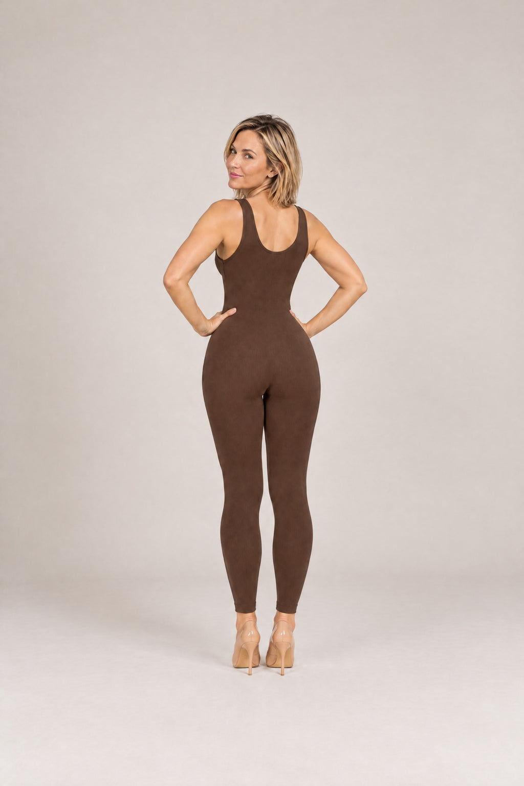 Deep-V Ribbed Jumpsuit in Brown, back