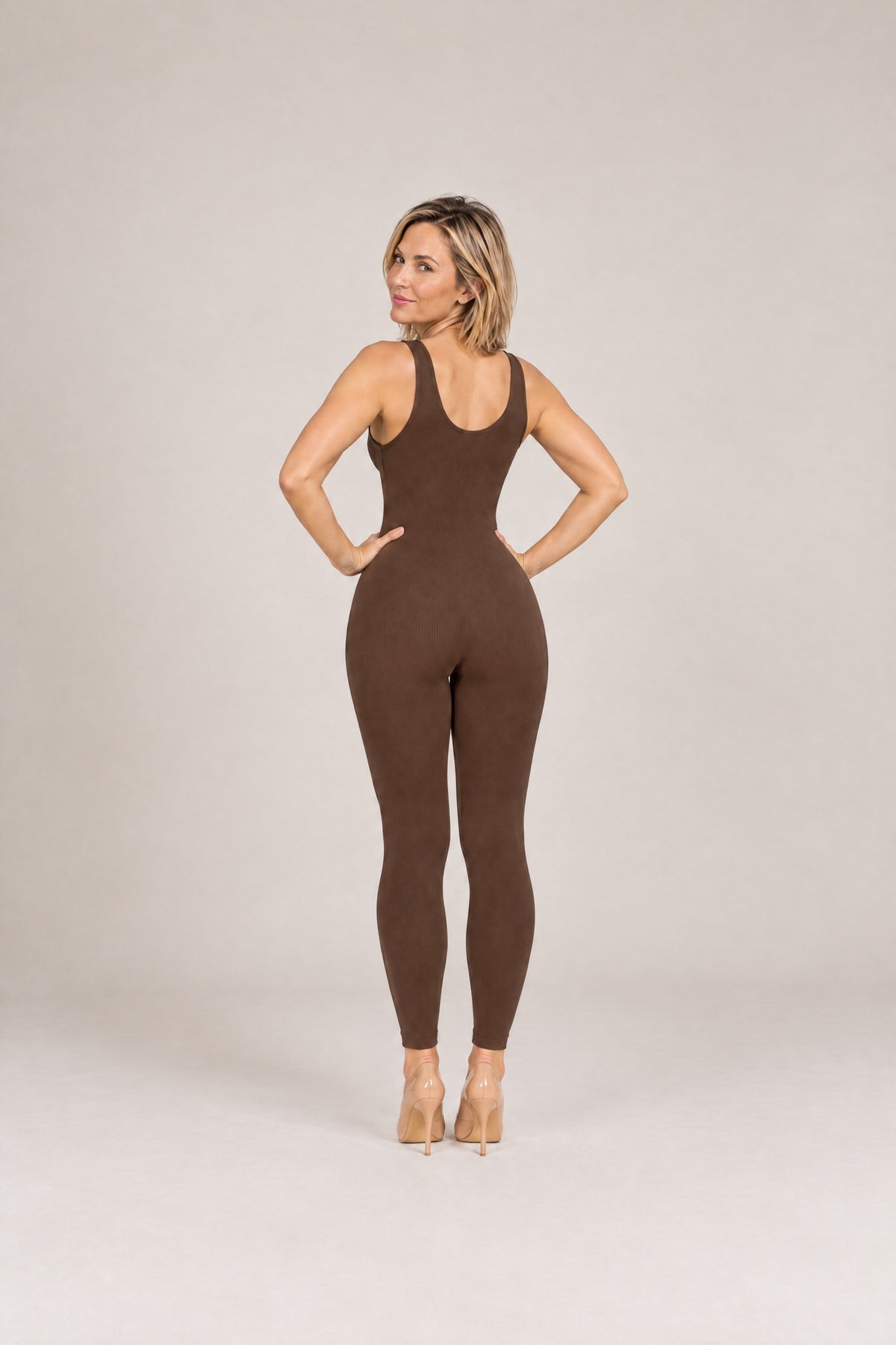Deep-V Ribbed Jumpsuit in Brown, back
