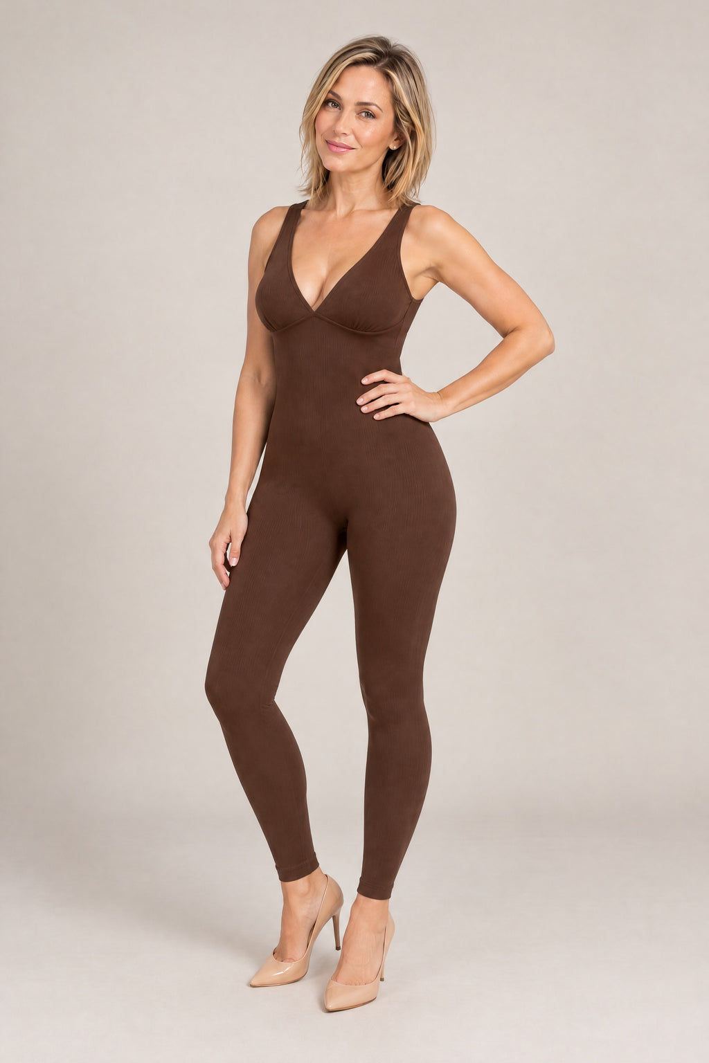 Deep-V Ribbed Jumpsuit in Brown, three-quarter front
