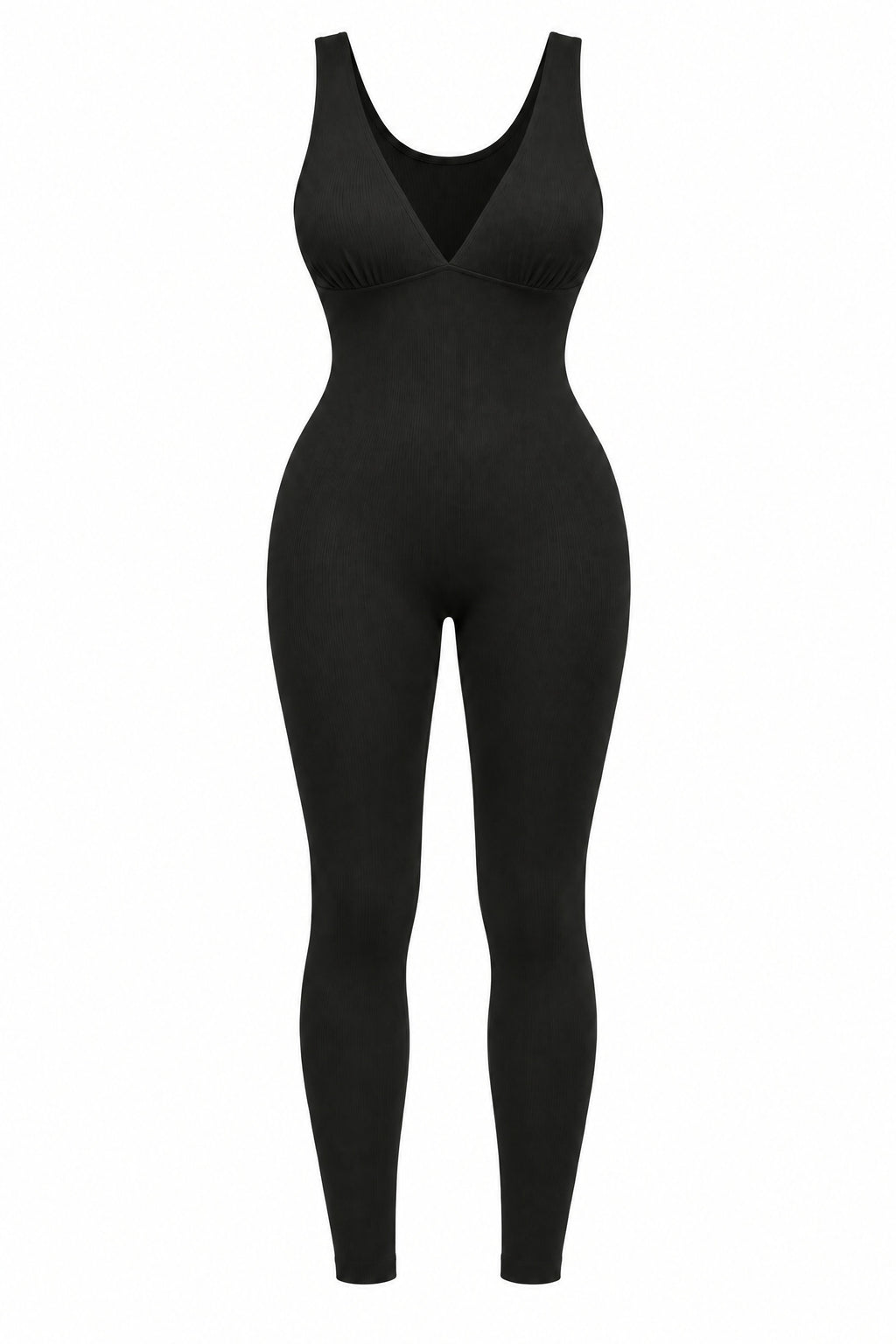Deep-V Ribbed Jumpsuit in Black, laid flat