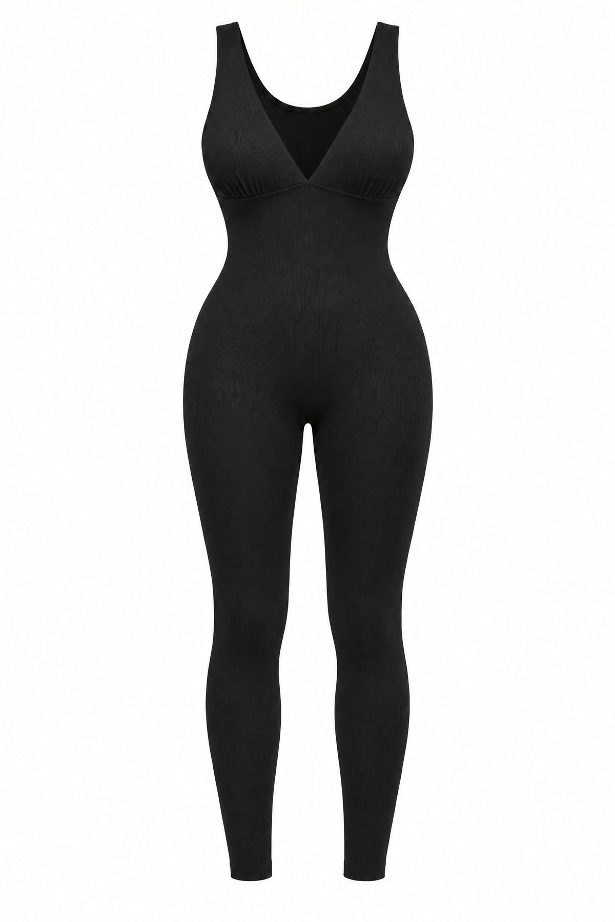Deep-V Ribbed Jumpsuit in Black, laid flat