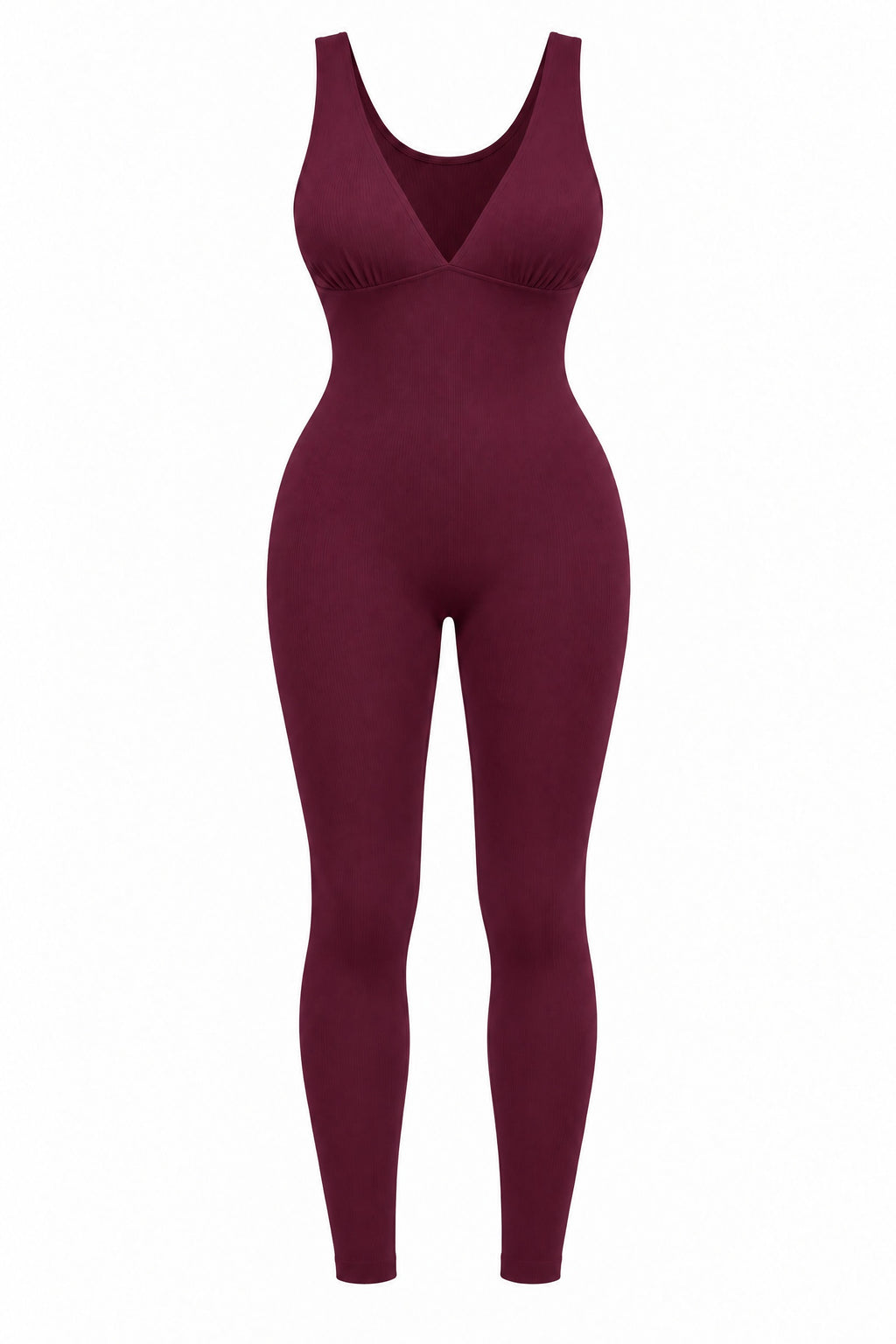 Deep-V Ribbed Jumpsuit in Gentian Violet, laid flat