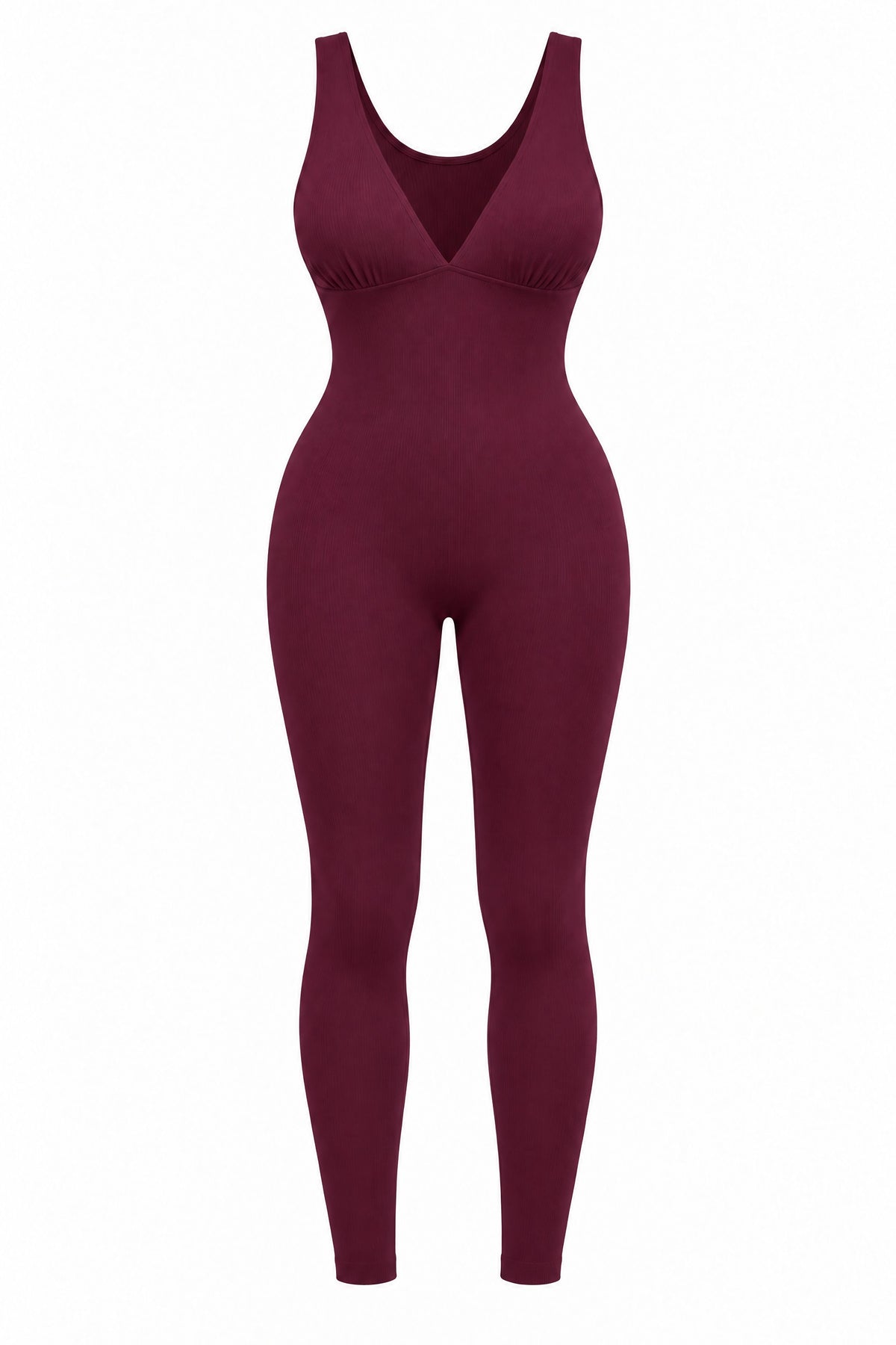Deep-V Ribbed Jumpsuit in Gentian Violet, laid flat