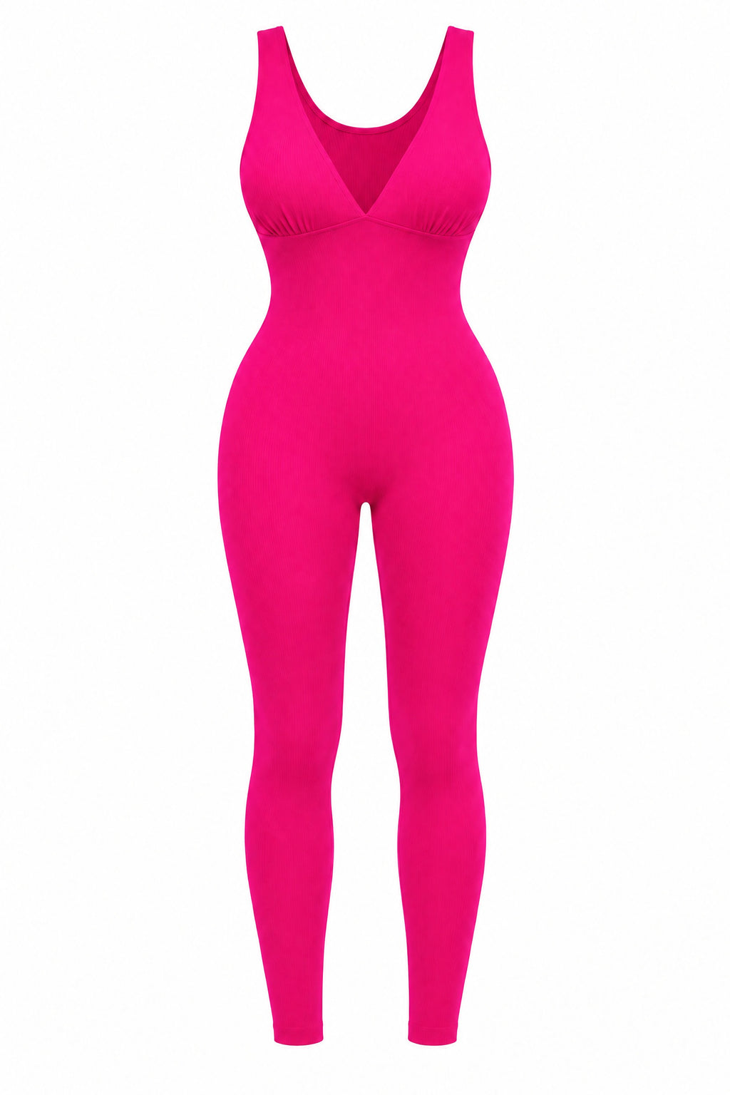 Deep-V Ribbed Jumpsuit in Rose Red, laid flat