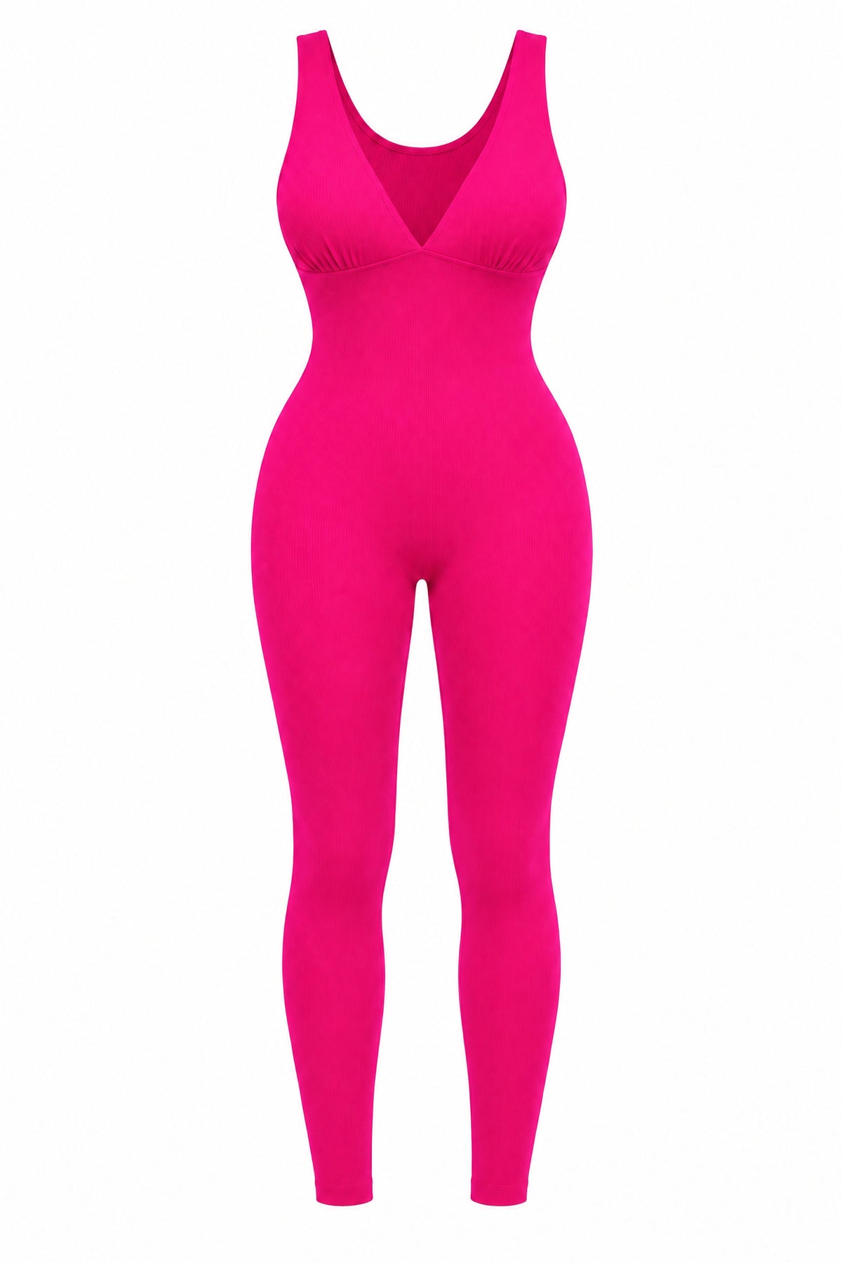 Deep-V Ribbed Jumpsuit in Rose Red, laid flat