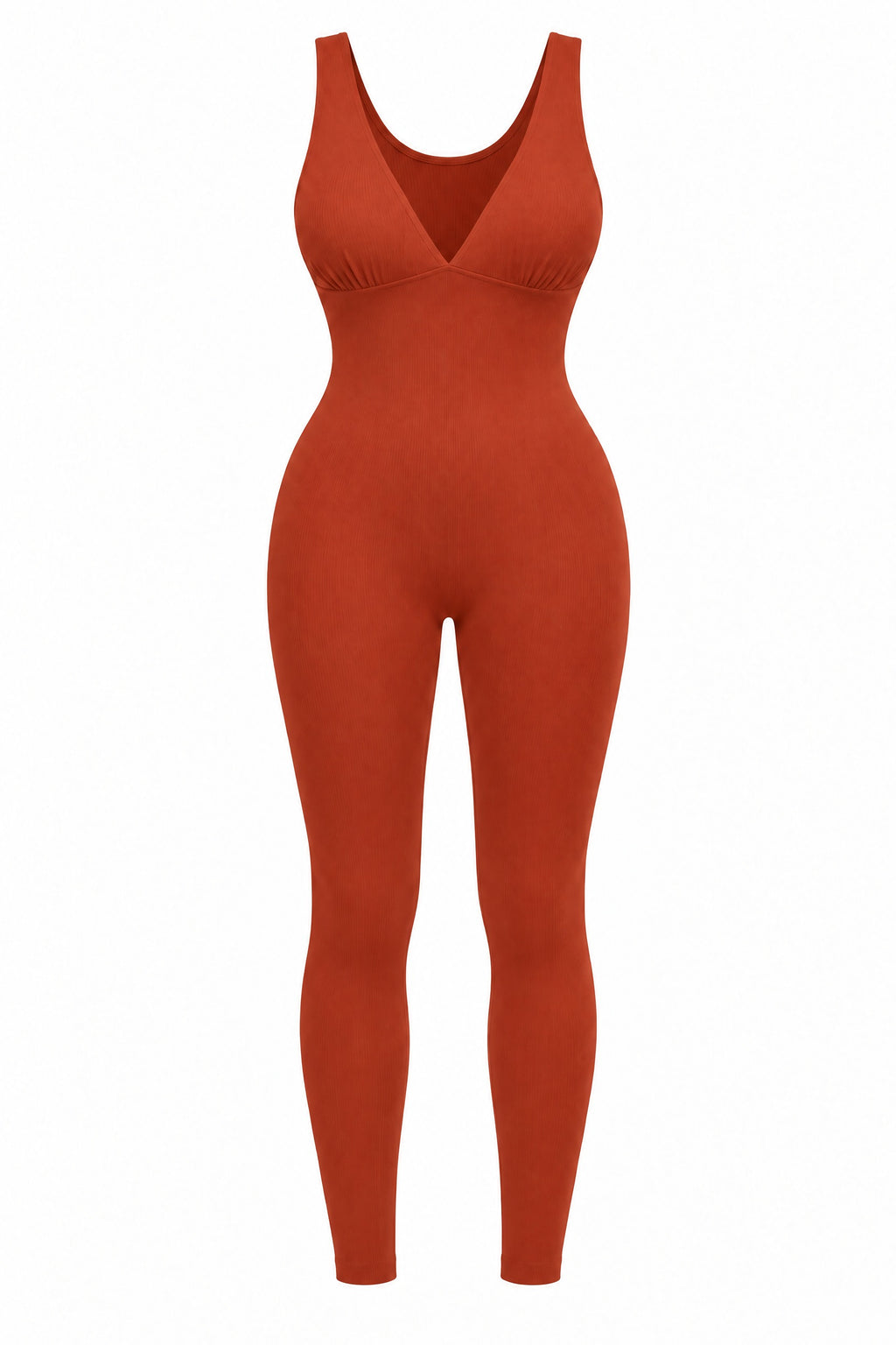 Deep-V Ribbed Jumpsuit in Cinnabar, laid flat