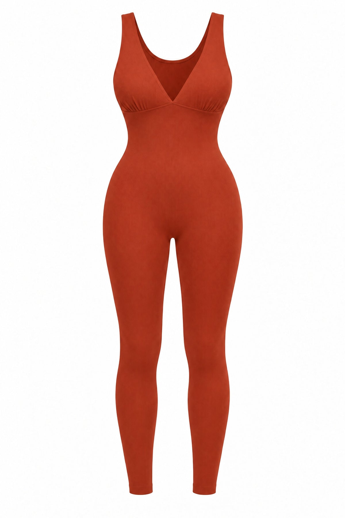 Deep-V Ribbed Jumpsuit in Cinnabar, laid flat