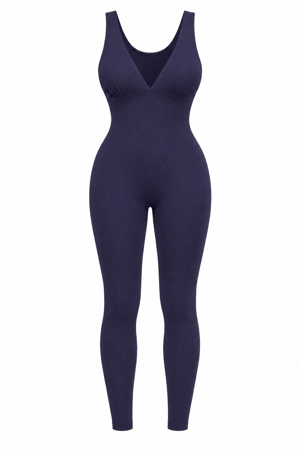 Deep-V Ribbed Jumpsuit in Navy Blue, laid flat