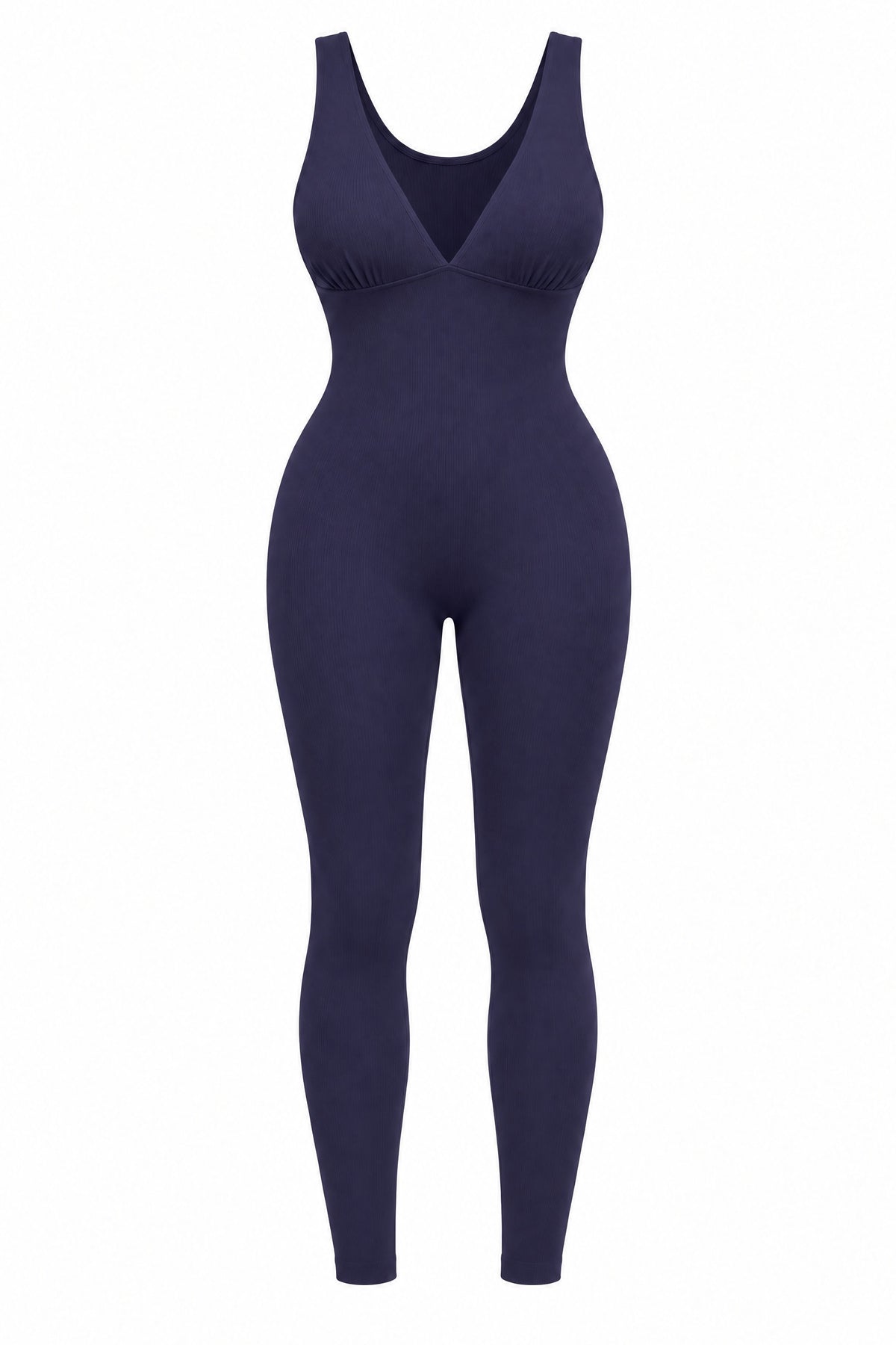 Deep-V Ribbed Jumpsuit in Navy Blue, laid flat