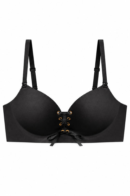 Drawstring Push-Up Bra in Black, laid flat