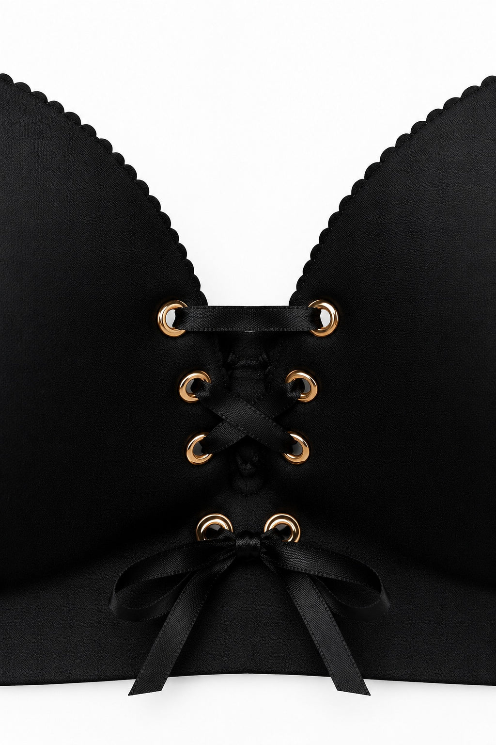 Drawstring Push-Up Bra in Black, lace-up front close-up
