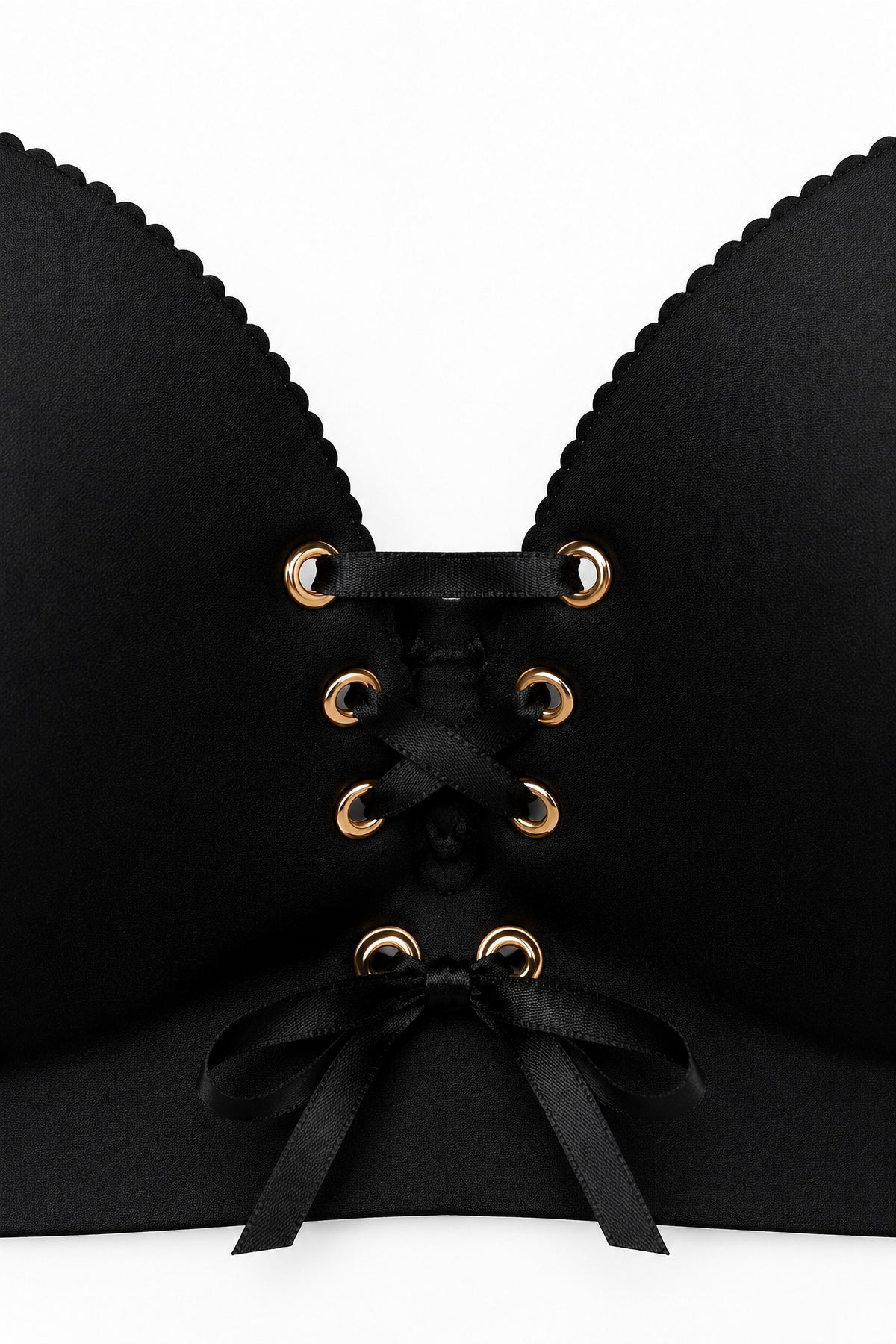 Drawstring Push-Up Bra in Black, lace-up front close-up