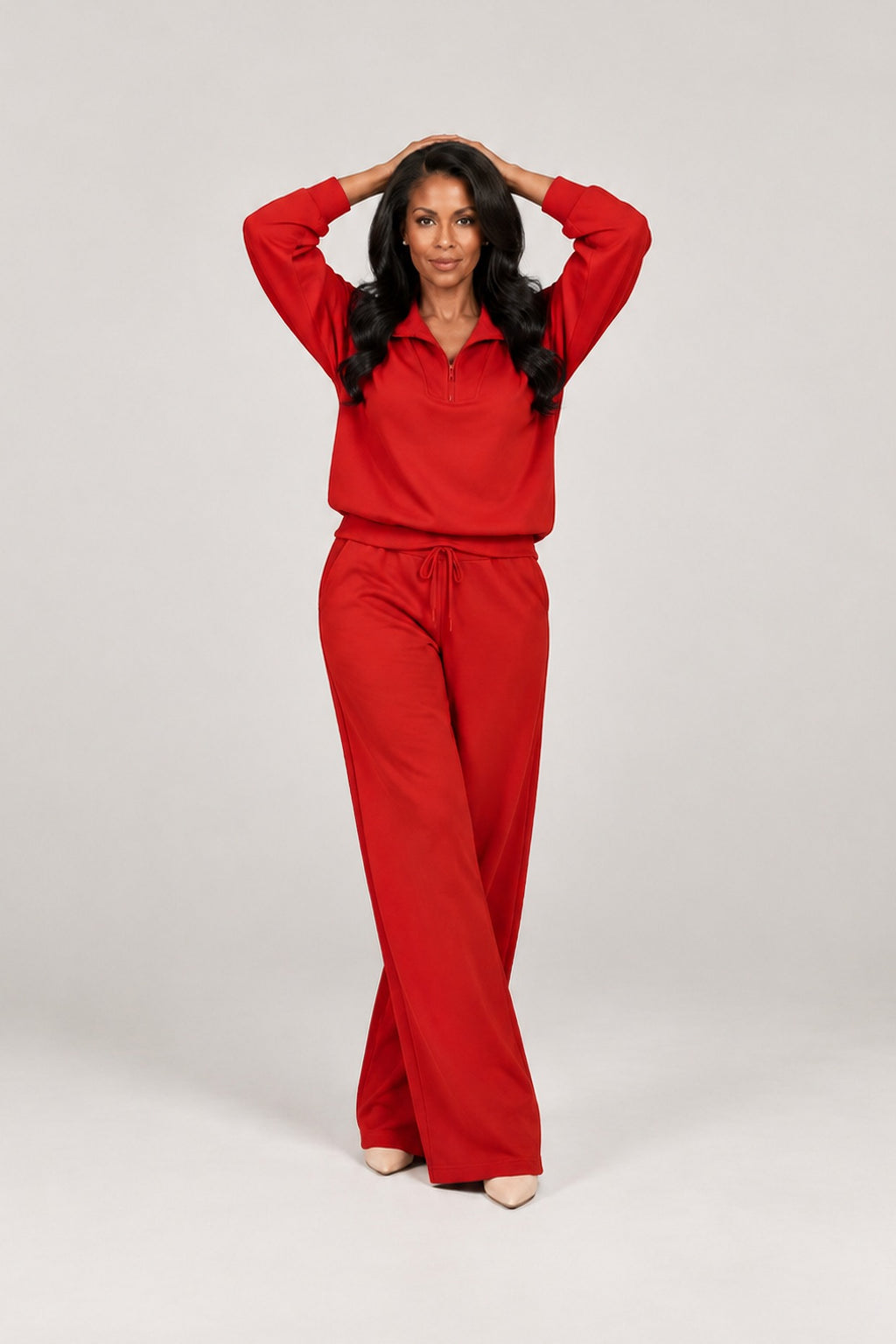 Half-Zip Lounge Set in Red, arms raised
