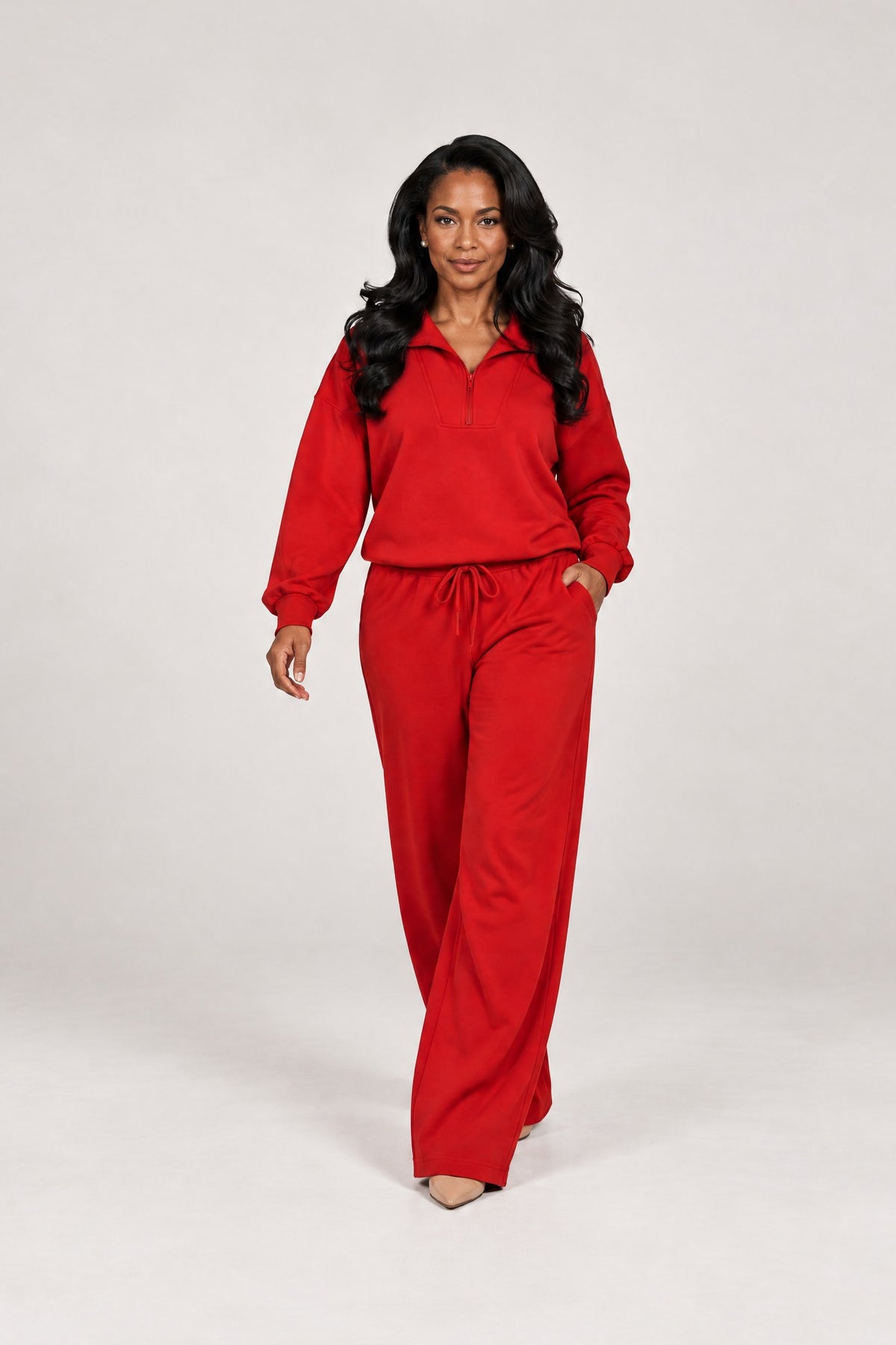 Half-Zip Lounge Set in Red, walking