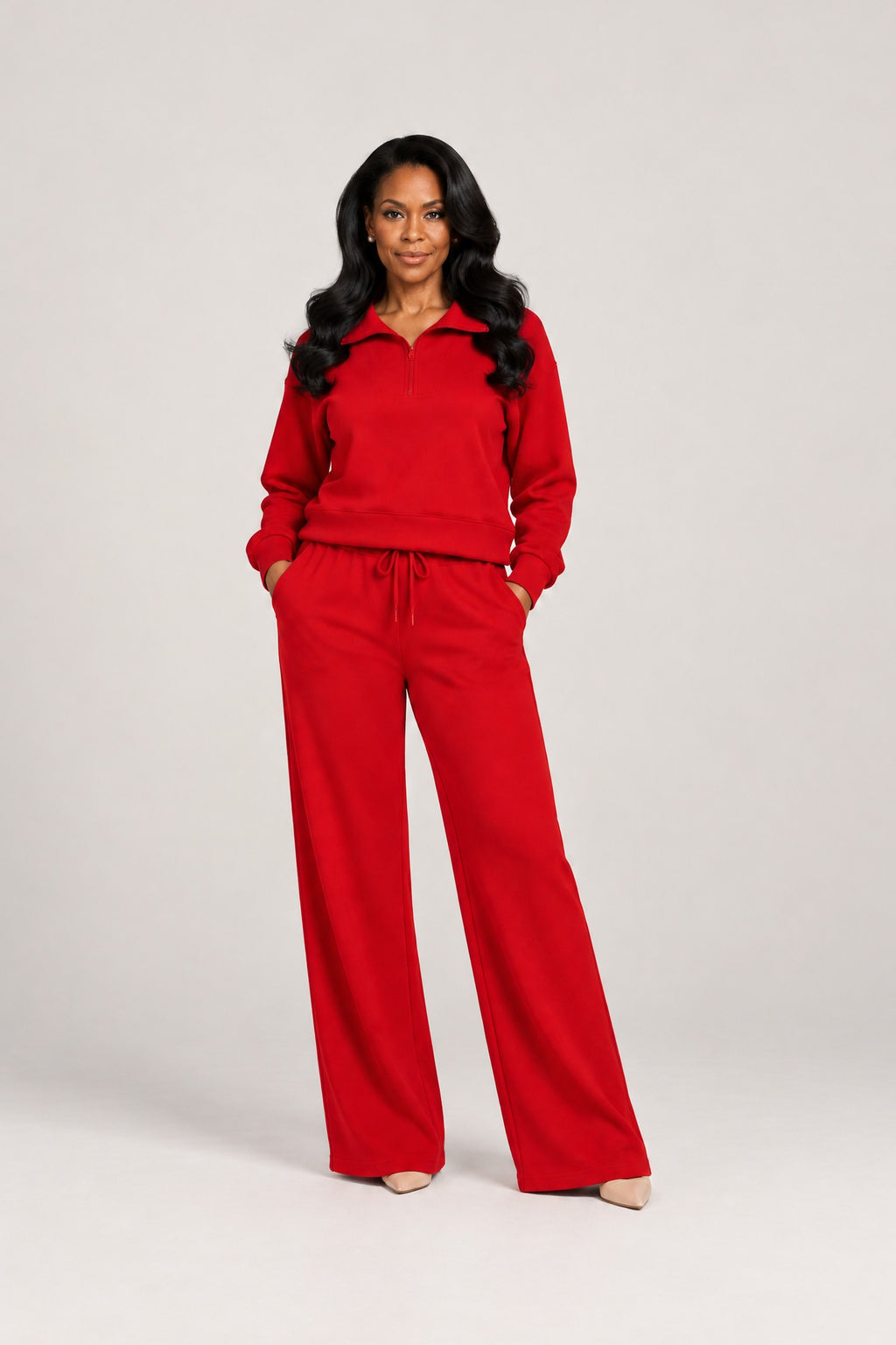Half-Zip Lounge Set in Red, hands in pockets