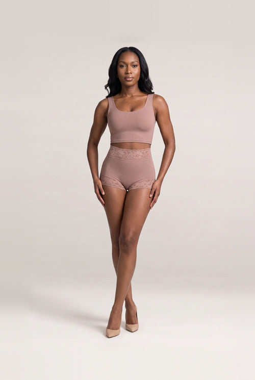High-Waist Lace Boxer in Mocha, front view