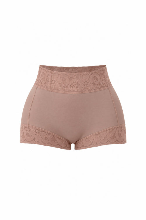 High-Waist Lace Boxer in Mocha, laid flat