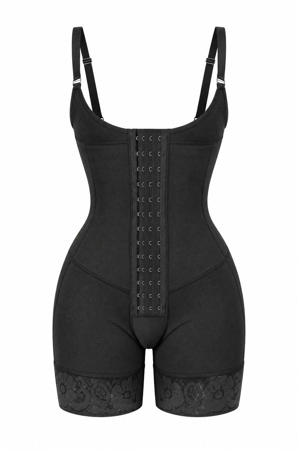 Hook-Front Bodysuit in Black, flat lay