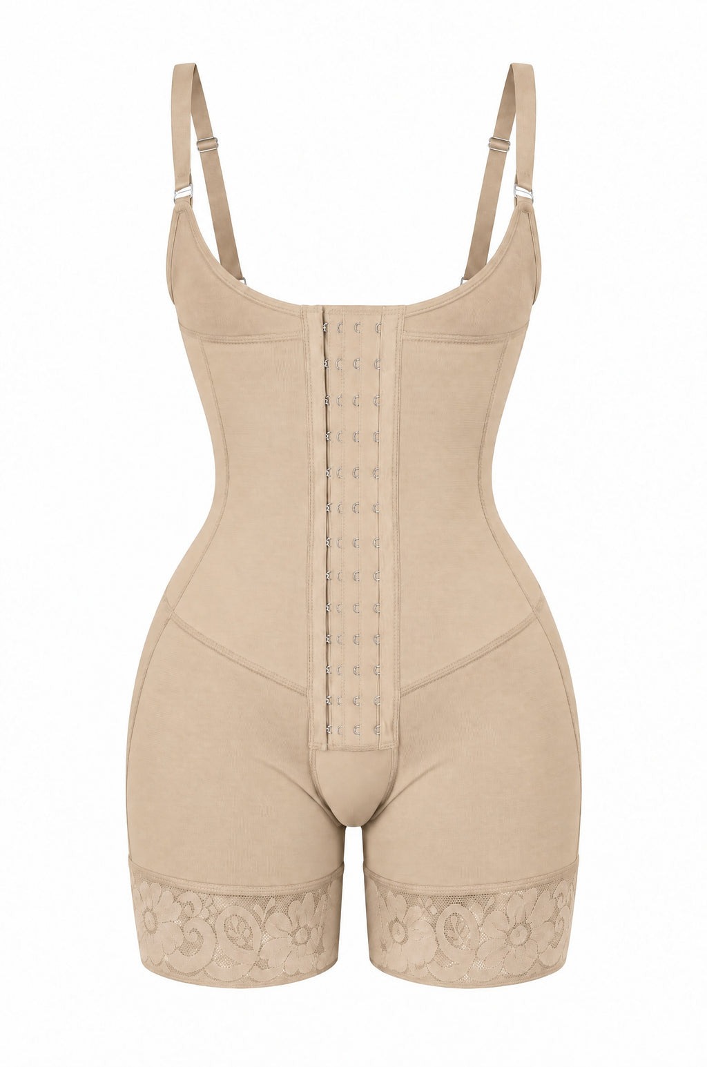 Hook-Front Bodysuit in Beige, flat lay