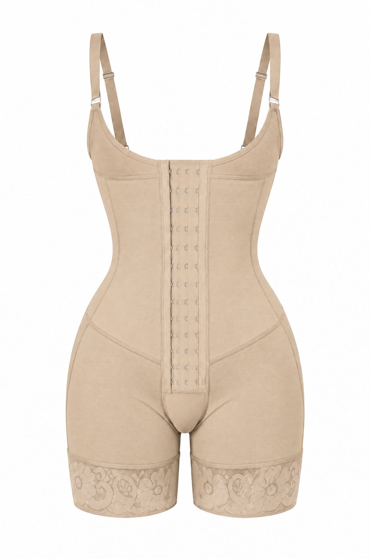 Hook-Front Bodysuit in Beige, flat lay