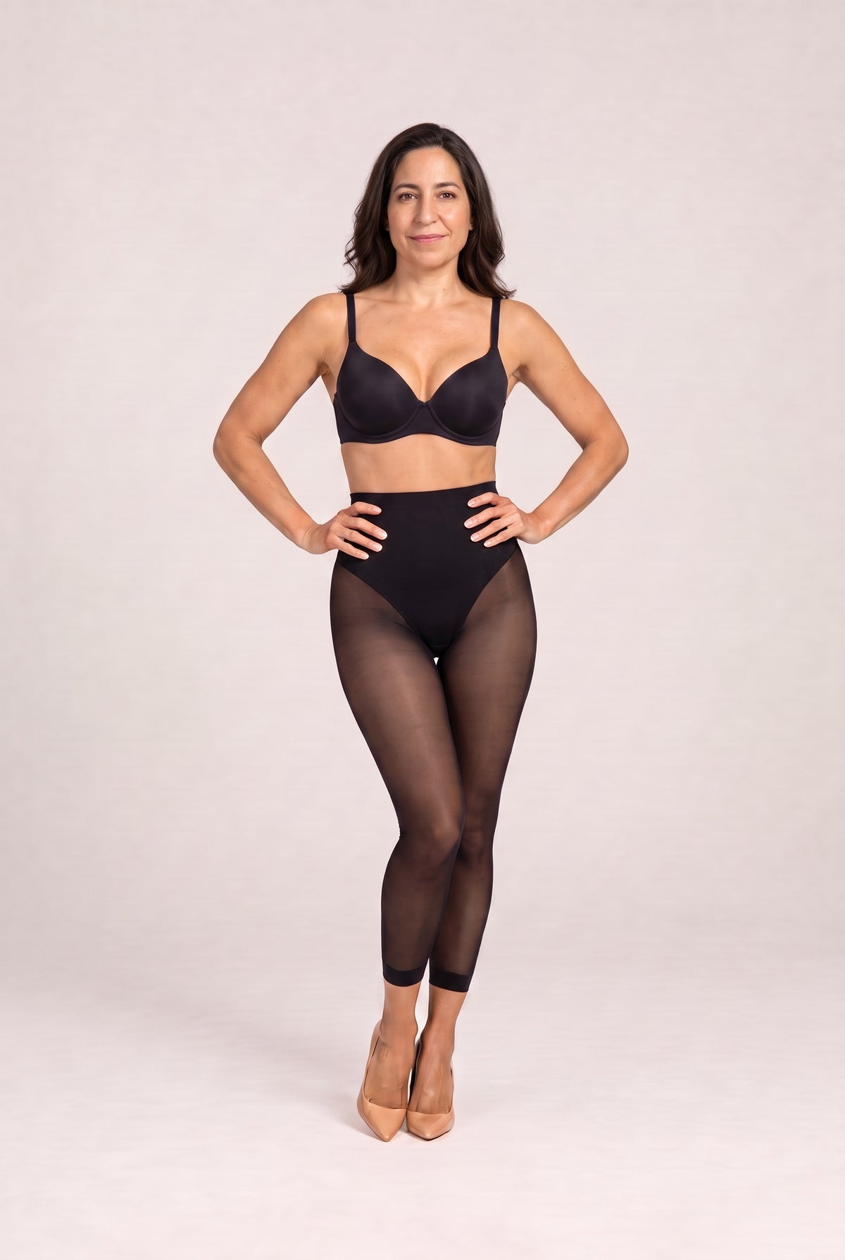 Sheer-Leg Shaping Legging in Black, full length, front, worn with a black bra