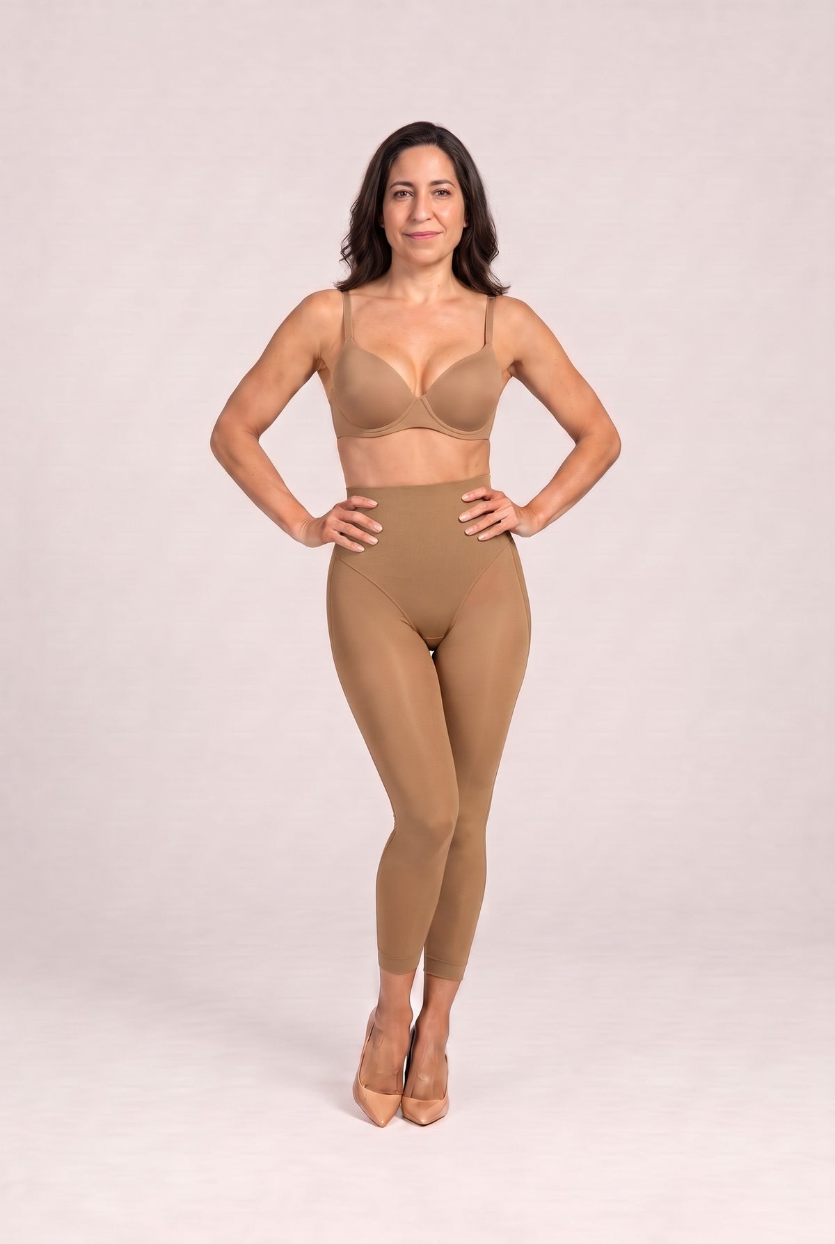 Sheer-Leg Shaping Legging in Khaki, full length, front