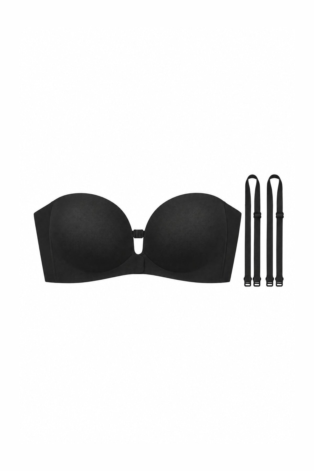 Strapless Front-Clasp Bra in Black, laid flat