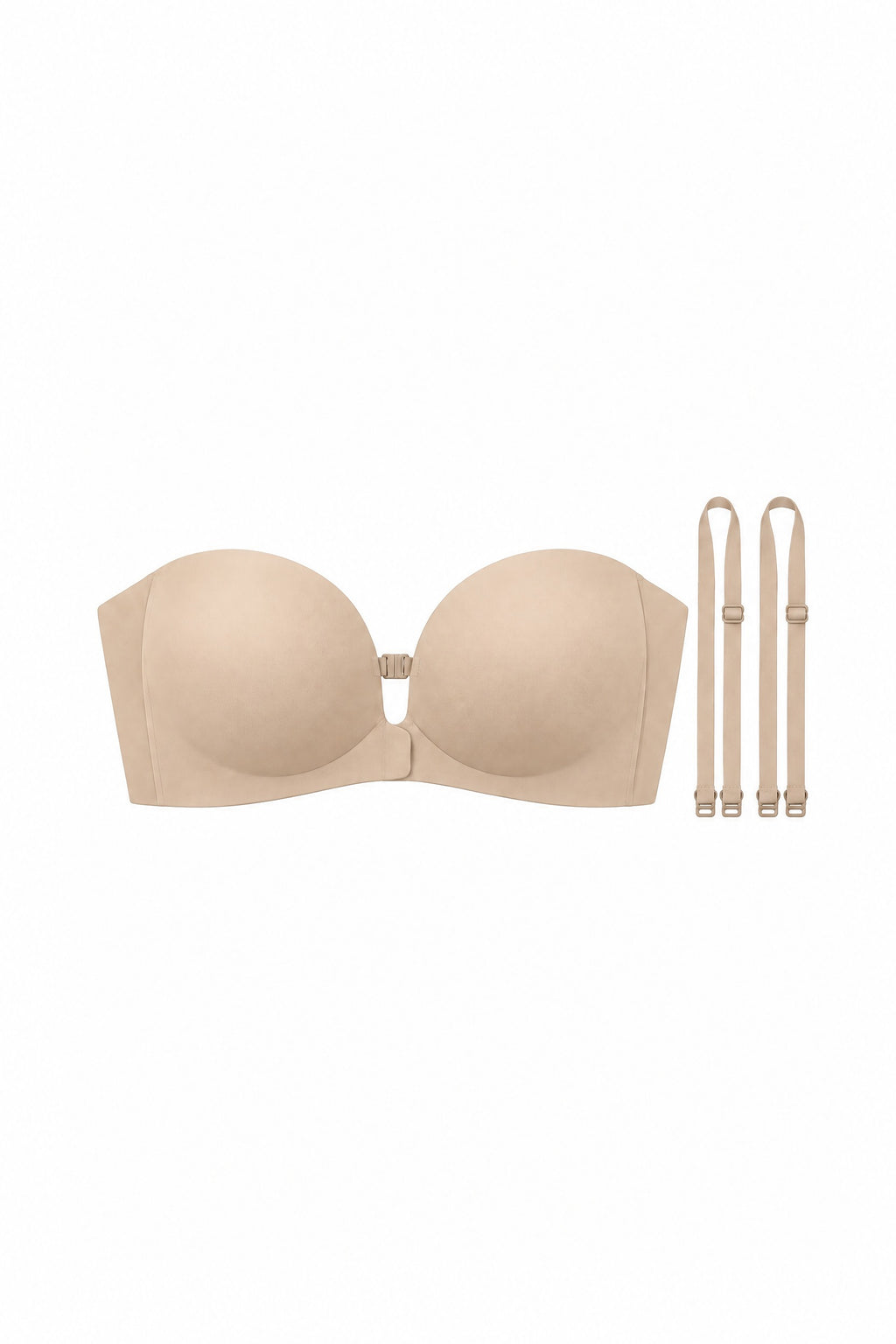Strapless Front-Clasp Bra in Nude, laid flat
